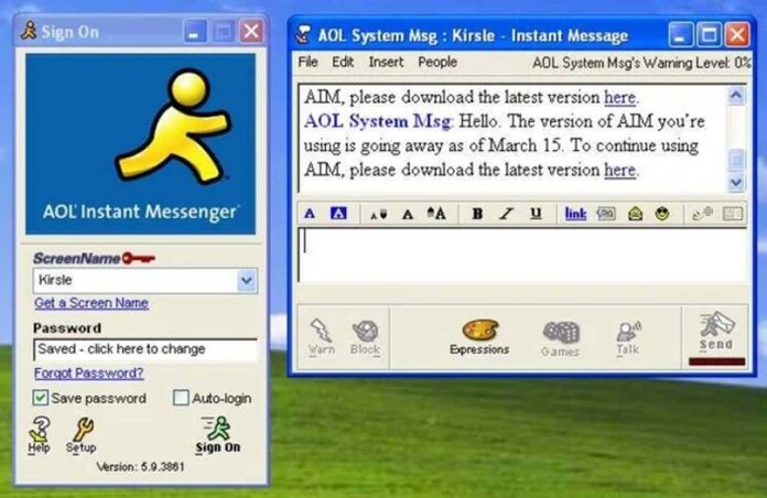 Screenshot of AOL Instant Messenger showing the sign-on window on the left and an instant message window on the right with a warning to update AIM before March 15. The background shows the classic Windows XP wallpaper.