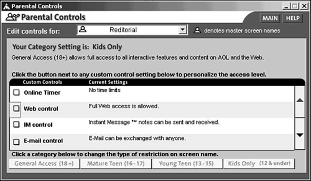 Screenshot of a Parental Controls window showing custom control settings for Kids Only, with options for Online Timer, Web control, IM control, and E-mail control, each with descriptions and checkboxes.