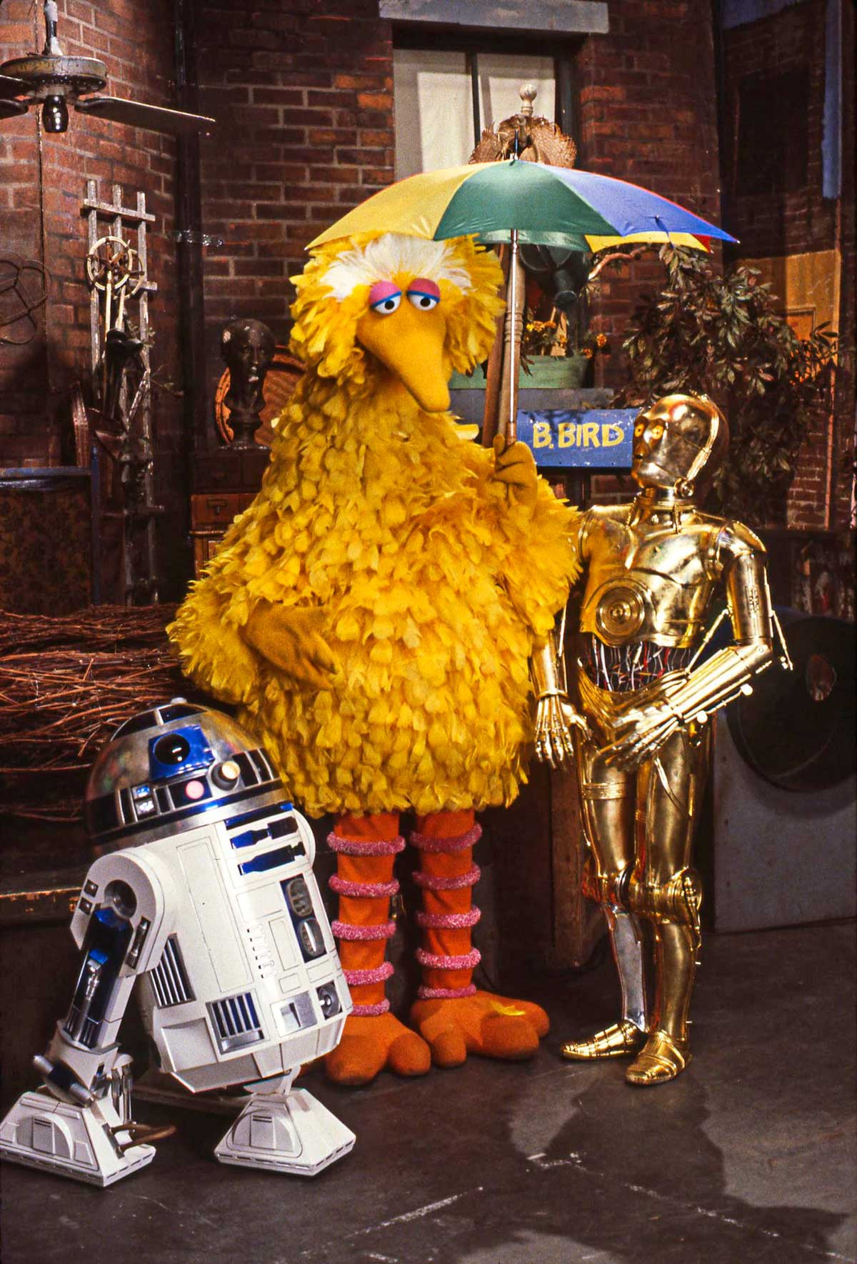 Big Bird holds a colorful umbrella, standing between C-3PO and R2-D2 in a brick-walled room with various set props in the background.