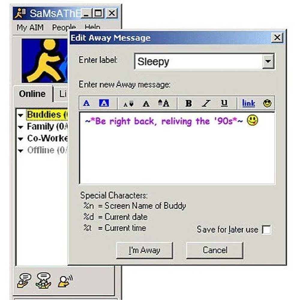 AOL Instant Messenger window with the Edit Away Message dialog open. The away message reads: ~*Be right back, reliving the 90s*~ :) in purple text. Various special character codes are listed below.
