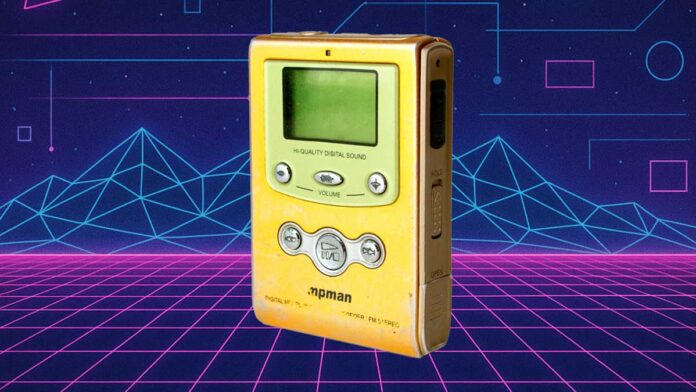 A yellow vintage MP3 player with a small screen and buttons sits against a retro, neon grid background with blue mountains and geometric shapes.