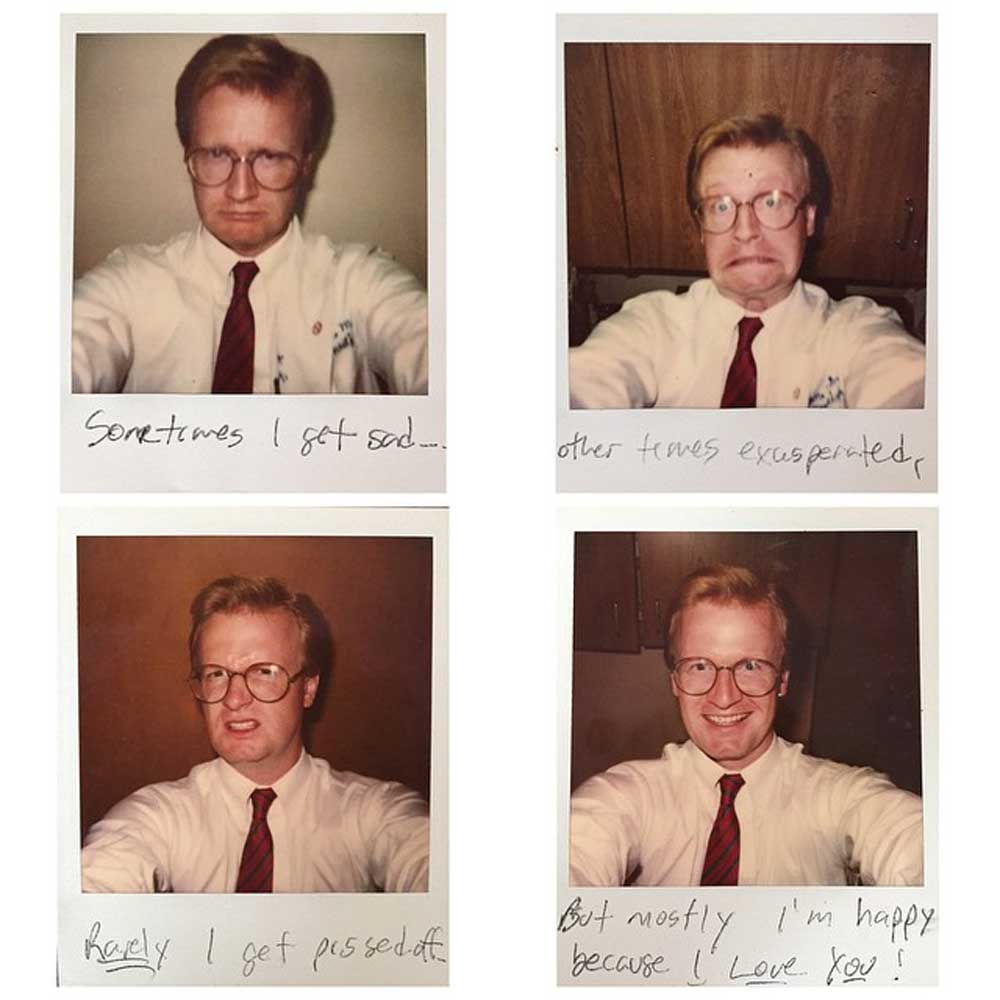 A man in glasses and a red tie takes four Polaroid selfies, each showing different expressions: sad, exasperated, angry, and happy. Handwritten captions describe his emotions in each photo.