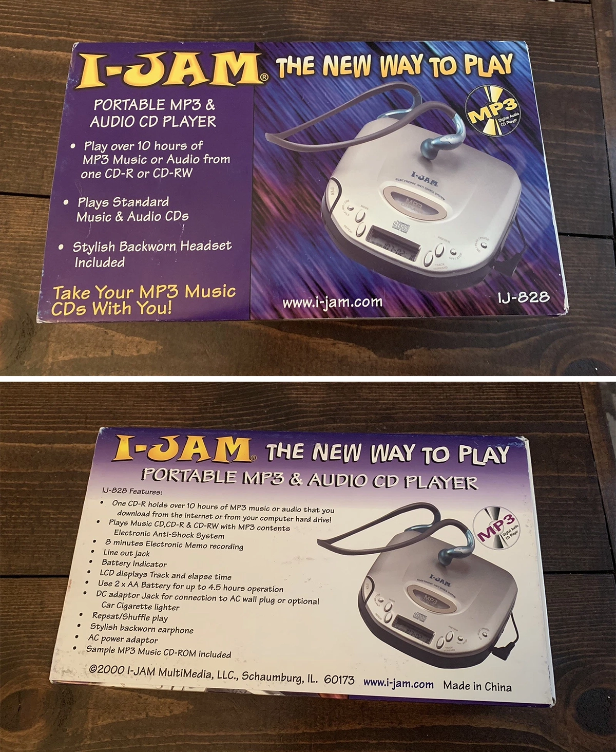 Two images show the front and back of an I-JAM portable MP3 and audio CD player box, featuring product features, a photo of the player with headphones, and text highlighting its capabilities.