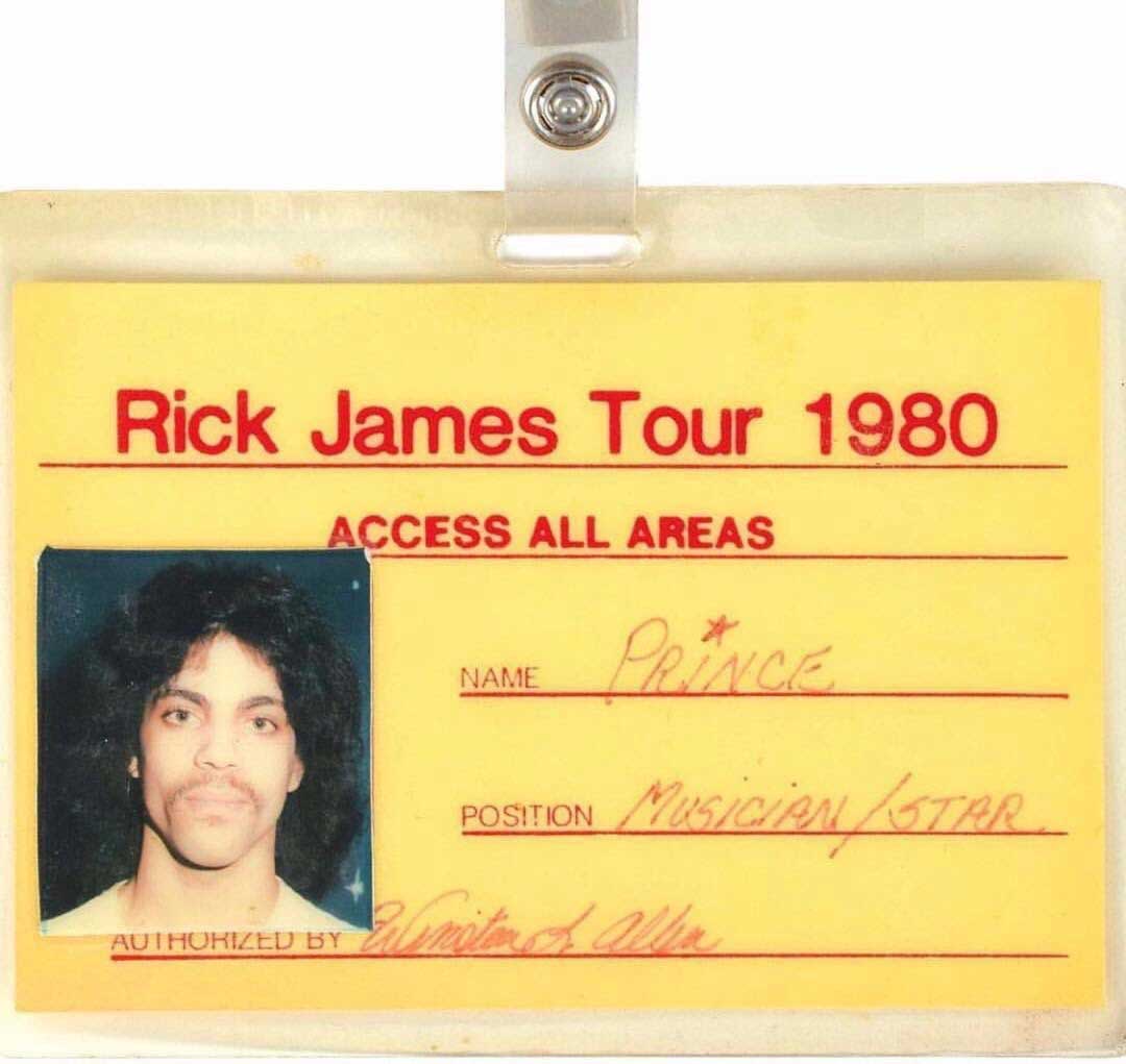 A yellow Rick James Tour 1980 access pass with a photo of a man, labeled Name: Prince and Position: Musician/Star, and an authorization signature at the bottom.