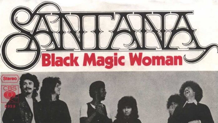 Black-and-white cover showing the band Santana standing together beneath the stylized Santana logo, with Black Magic Woman in bold red text below it. A small CBS logo appears on the left.