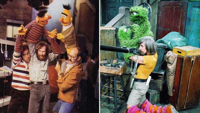 Behind-the-scenes of Sesame Street: puppeteers operate Bert and Ernie on the left, and Oscar the Grouch on the right, surrounded by set props and equipment.