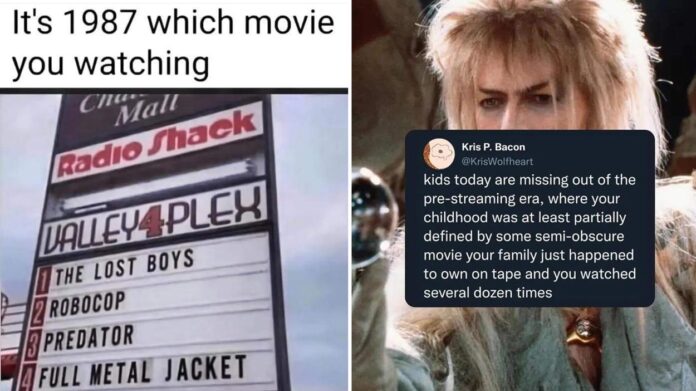 A split image: Left, a mall marquee in 1987 lists movies The Lost Boys, Robocop, Predator, and Full Metal Jacket. Right, a tweet reminisces about the pre-streaming era and repeatedly watching taped movies.