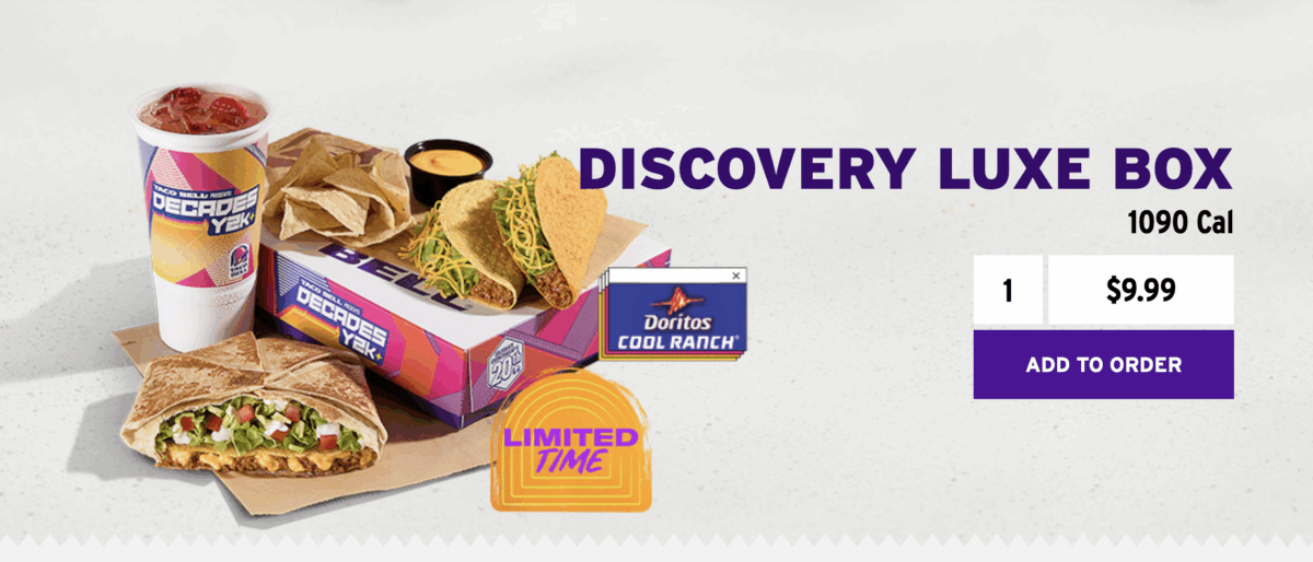 A Taco Bell meal called the Discovery Luxe Box includes a drink, a crunchy taco, a quesadilla, dipping sauce, and a wrapped item, with a Doritos Cool Ranch logo. The price is $9.99 and its available for a limited time.
