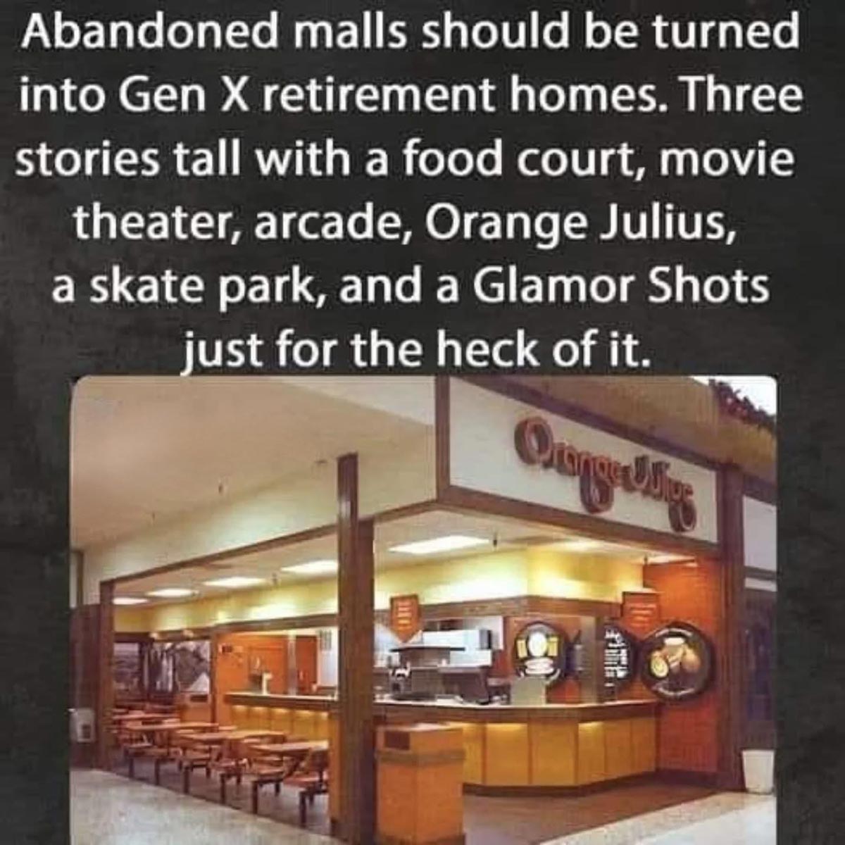 Text above an image reads: “Abandoned malls should be turned into Gen X retirement homes...” Below, there’s a photo of an Orange Julius counter with seating in a mall food court.