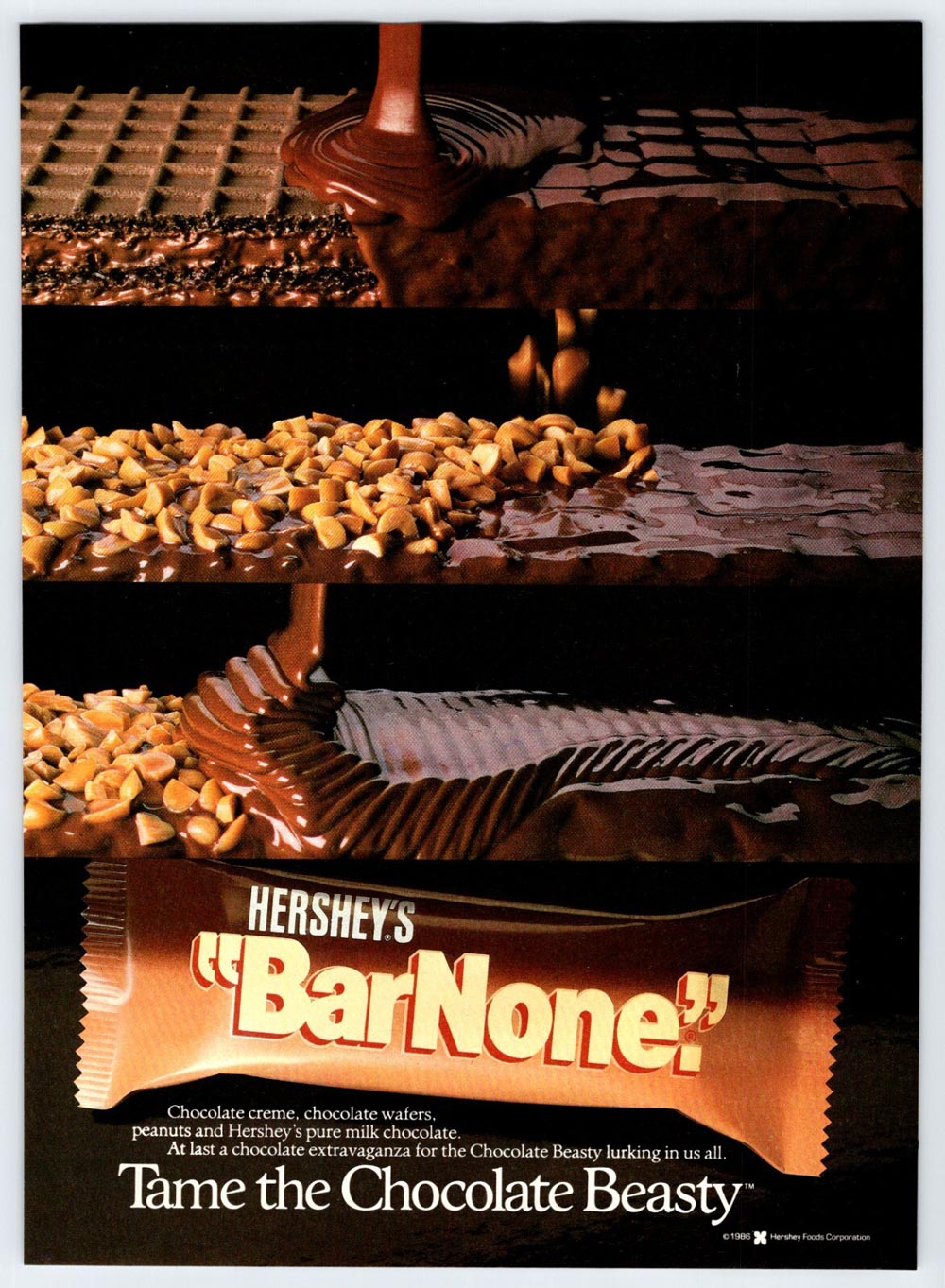 Four horizontal panels show the making of a Hershey’s Bar None candy bar, including pouring chocolate, adding peanuts, and coating with chocolate. At the bottom, a wrapped Bar None bar is displayed with the slogan Tame the Chocolate Beasty!.
