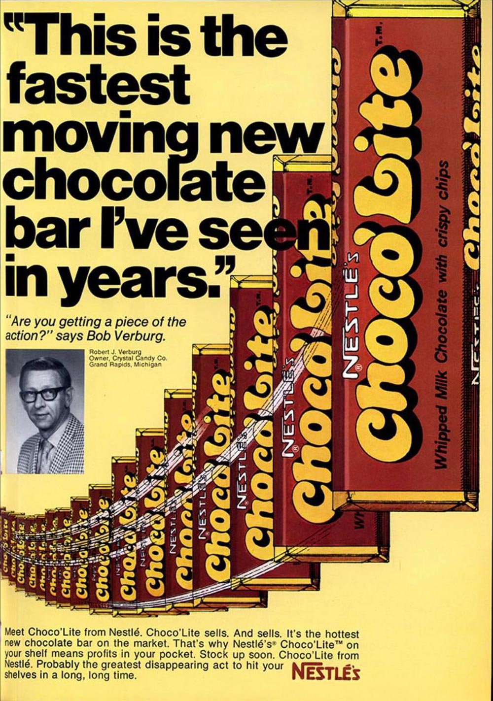 A vintage advertisement features multiple Nestlé Choco’Lite chocolate bars arranged in a diagonal row. Large text quotes praise for the chocolate bar, with additional product details at the bottom.