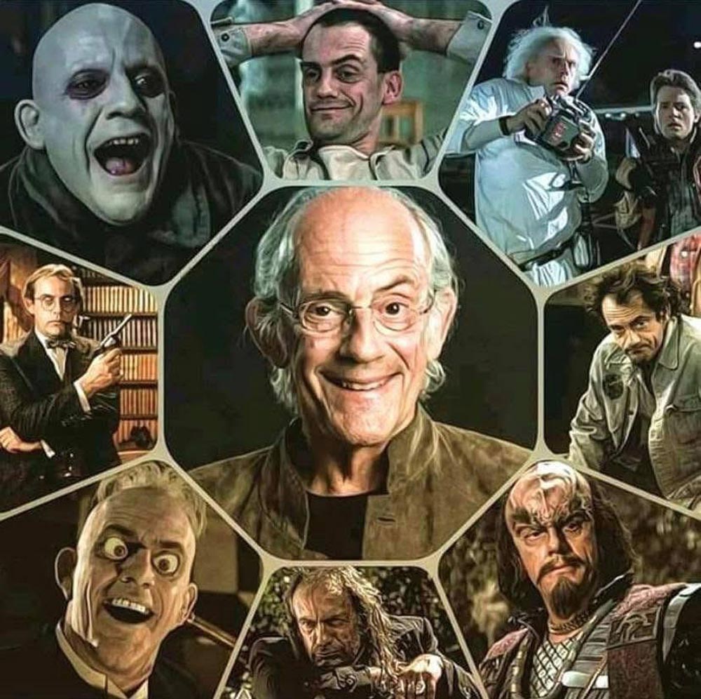 A collage featuring one central image of an older man smiling, surrounded by eight scenes showing him in various costumes and roles, including quirky, villainous, and science fiction characters from movies and TV.