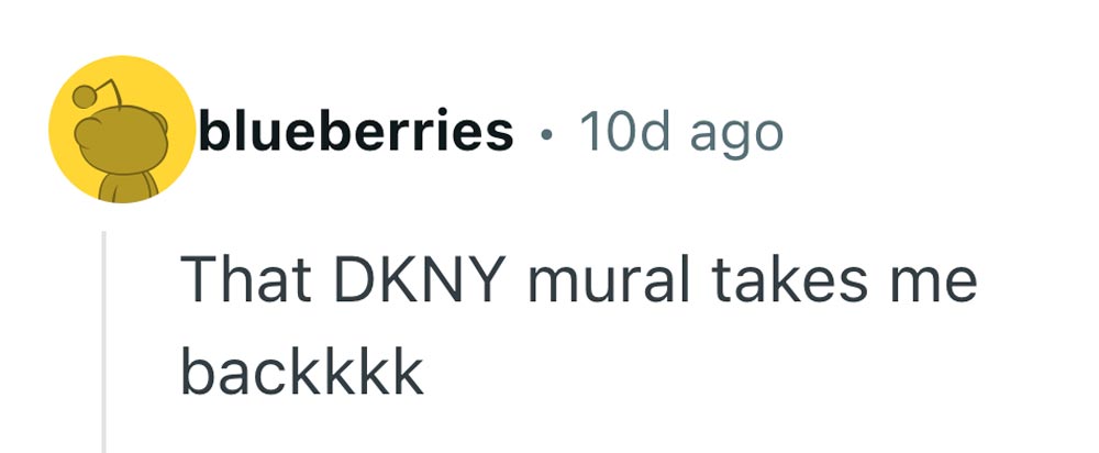 A comment from a user named blueberries with a yellow cartoon profile picture says, That DKNY mural takes me backkkk.