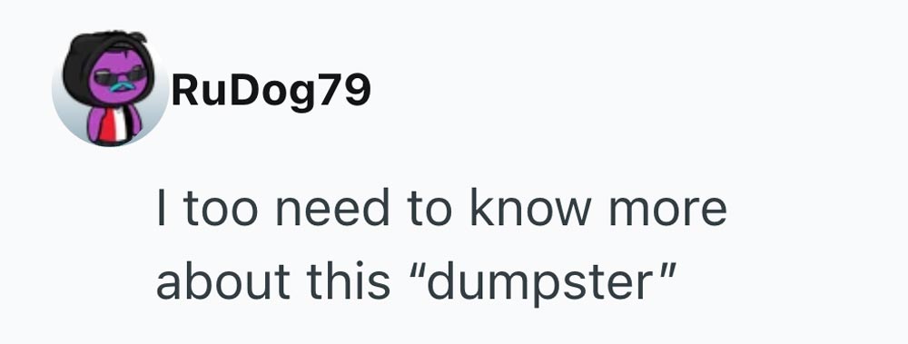 A social media comment from user RuDog79 with a cartoon avatar says, I too need to know more about this dumpster.
