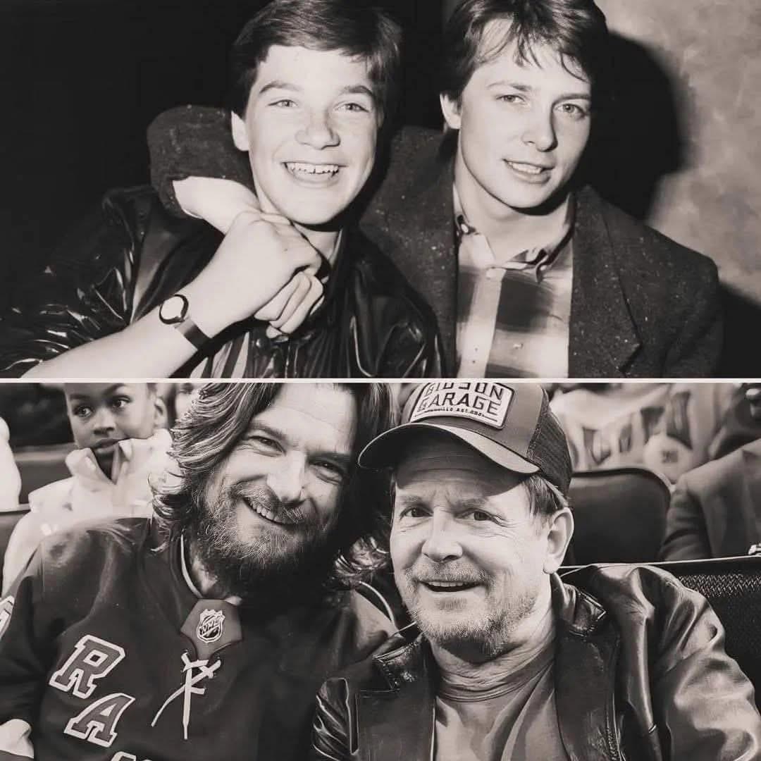 Two black-and-white photos, one above the other. The top shows two young men smiling with arms around each other; the bottom shows the same men older, bearded, and still smiling together at an event.