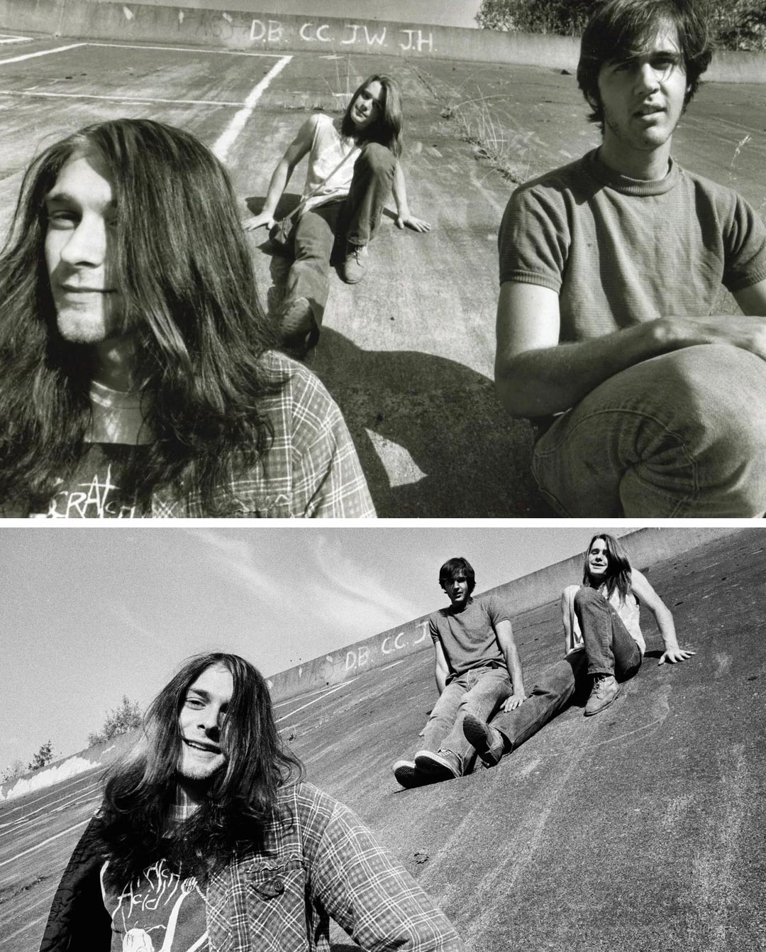 Two black-and-white photos of three young men with long hair sitting on a sloped concrete surface outdoors. The top image is a close-up; the bottom image shows them sitting apart with initials written on the concrete behind them.