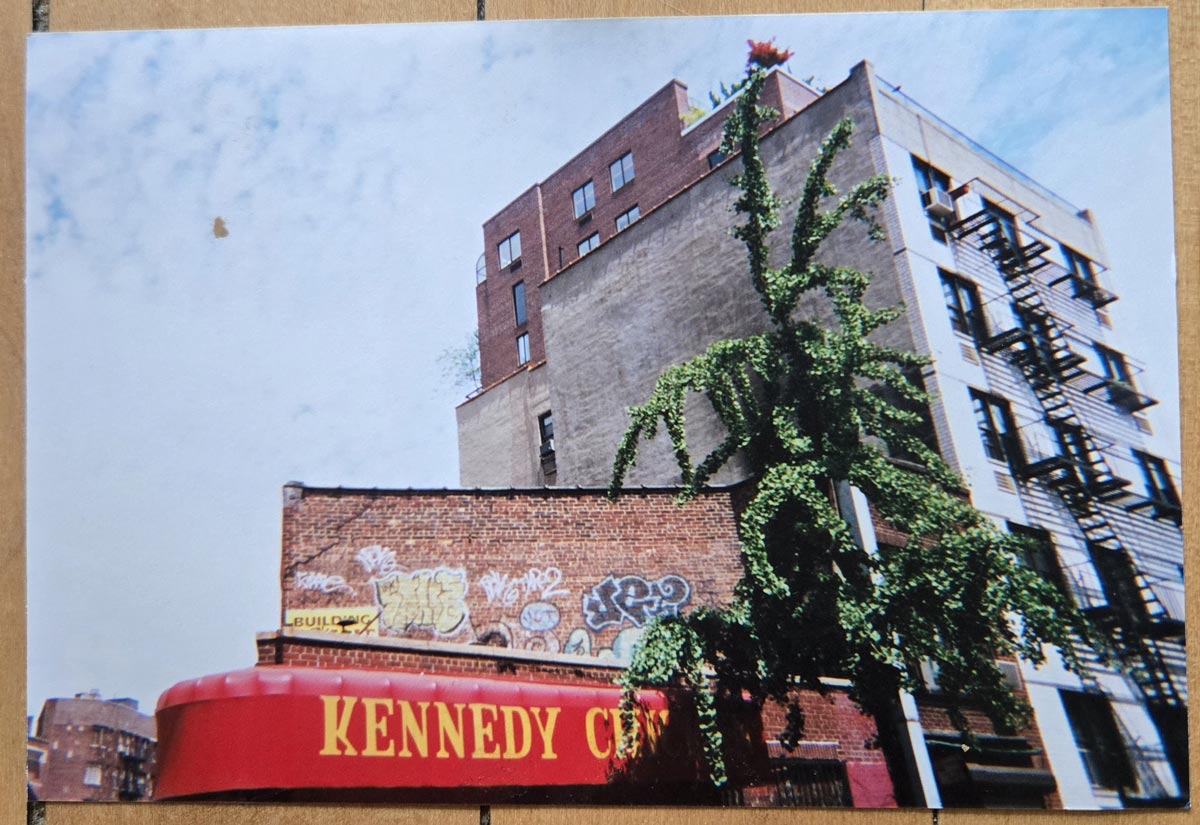 A city street scene shows the red awning of a building labeled KENNEDY CE, with brick walls above covered in graffiti and green ivy climbing up the side of a tall building under a partly cloudy sky.