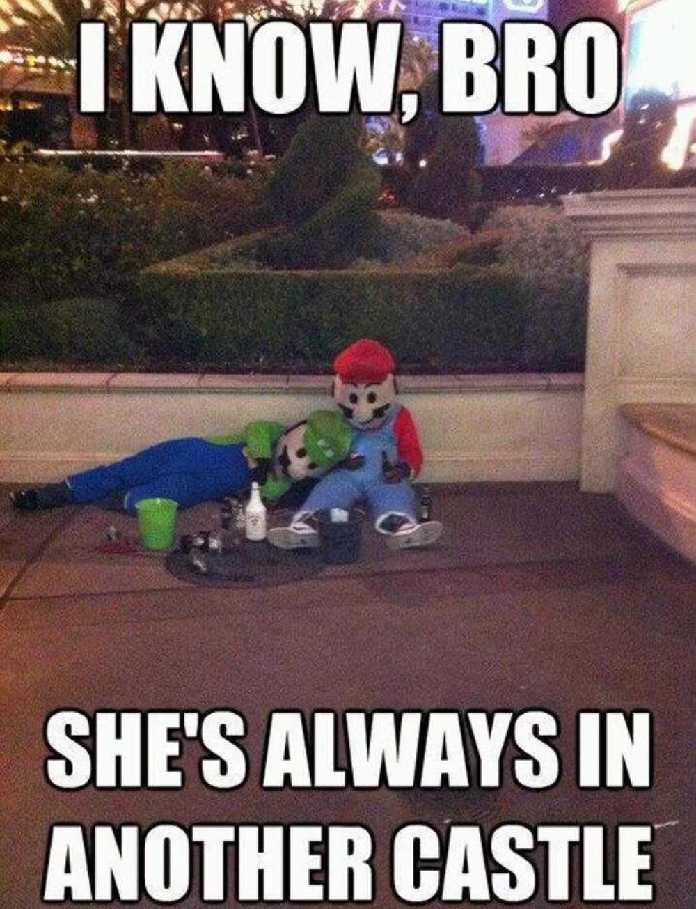 Two people dressed as Luigi and Mario from Super Mario sit and lie on a sidewalk, looking sad. White bold text above and below says, I KNOW, BRO / SHES ALWAYS IN ANOTHER CASTLE.