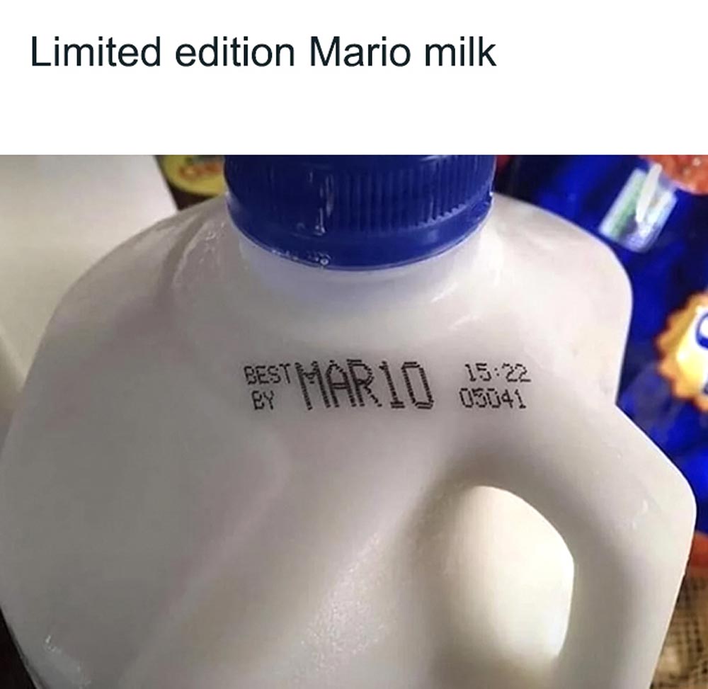 A milk jug with a blue cap shows an expiration date that reads MAR10, resembling the name Mario. The caption above the image reads Limited edition Mario milk.