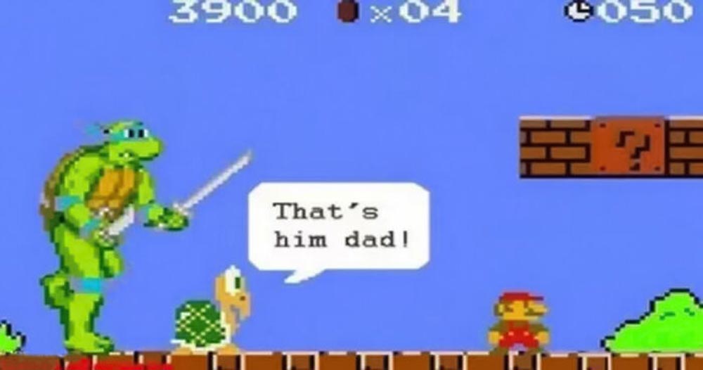 A Teenage Mutant Ninja Turtle stands next to a Koopa who points at Mario, saying, Thats him dad! in a Super Mario Bros.-style video game scene.