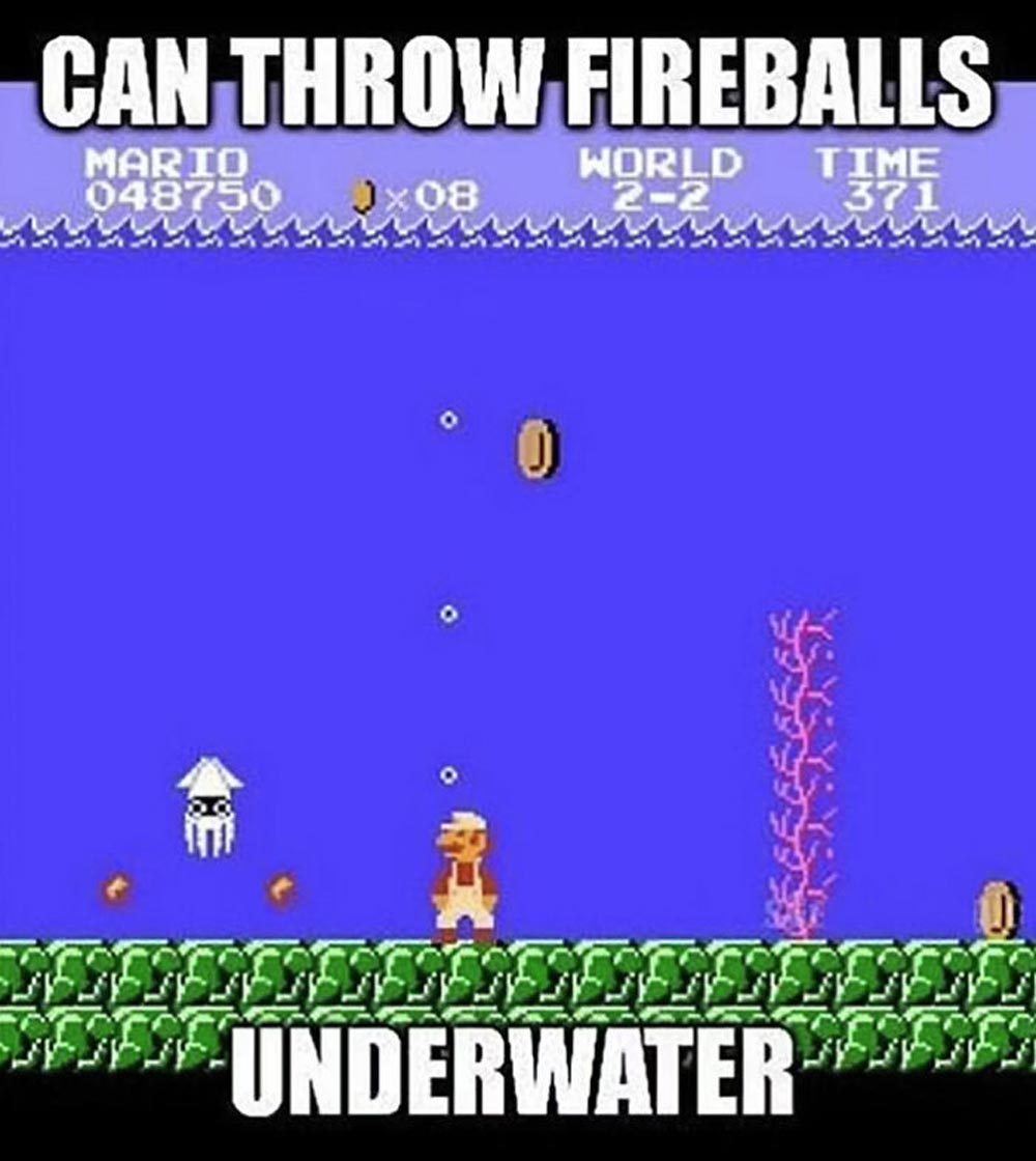 A screenshot from a Mario video game shows Mario throwing fireballs underwater beside a squid enemy, with the caption CAN THROW FIREBALLS UNDERWATER at the top and bottom of the image.