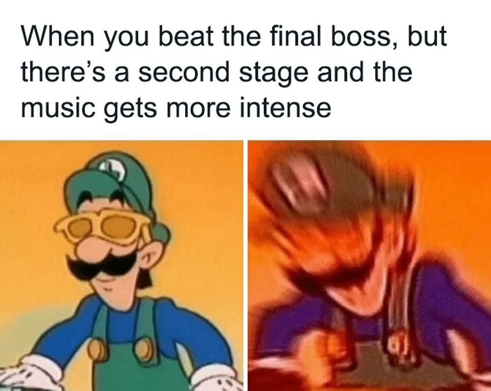Two-panel meme: Left shows Luigi looking calm in sunglasses. Right shows a blurry, panicked Luigi. Text above reads, When you beat the final boss, but there’s a second stage and the music gets more intense.