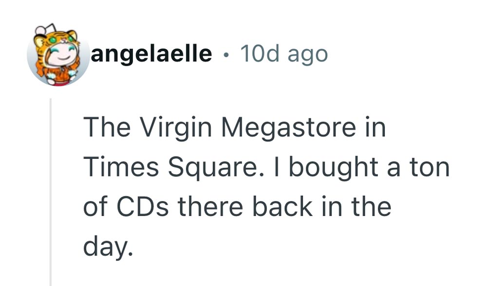 A social media comment by user angelaelle reads: The Virgin Megastore in Times Square. I bought a ton of CDs there back in the day.