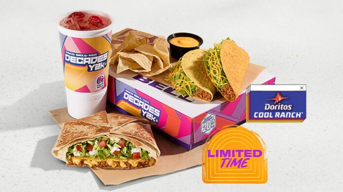 A Taco Bell meal featuring a large drink, chips with nacho cheese, two Doritos Cool Ranch tacos, and a grilled burrito, with “LIMITED TIME” and Doritos Cool Ranch branding in the image.